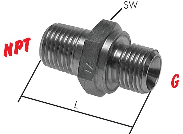 Exemplary representation: Double nipple with G-thread / NPT-thread, 1.4571